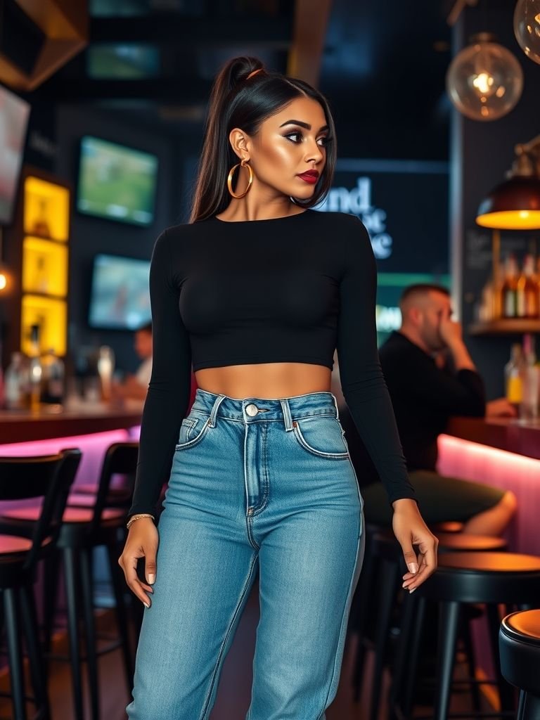 Black Crop Top + High-Waisted Jeans